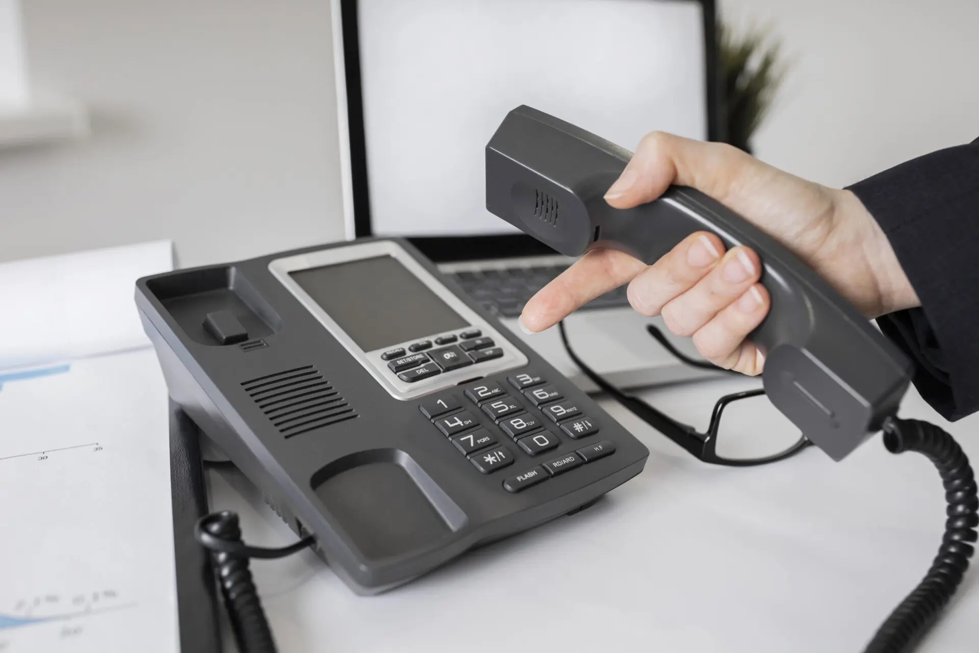 Eine Hand hält den dunkelgrauen Telefonhörer über einem Tischtelefon mit numerischem Tastenfeld und Spiralkabel.